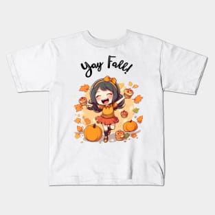 Fall for Our Adorable Chibi Art - Cute and Cozy Autumn Vibes, Yay FALL! Kids T-Shirt